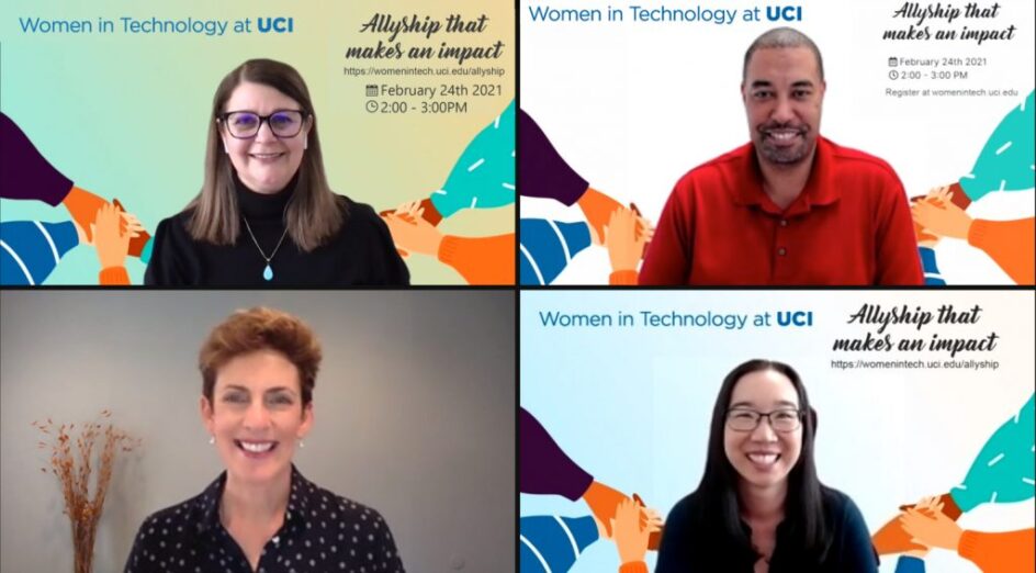 The fireside chat with (clockwise from top left) host Shohreh Bozorgmehri and Jason Valdry, Jennifer Wong-Ma and Karen Catlin.