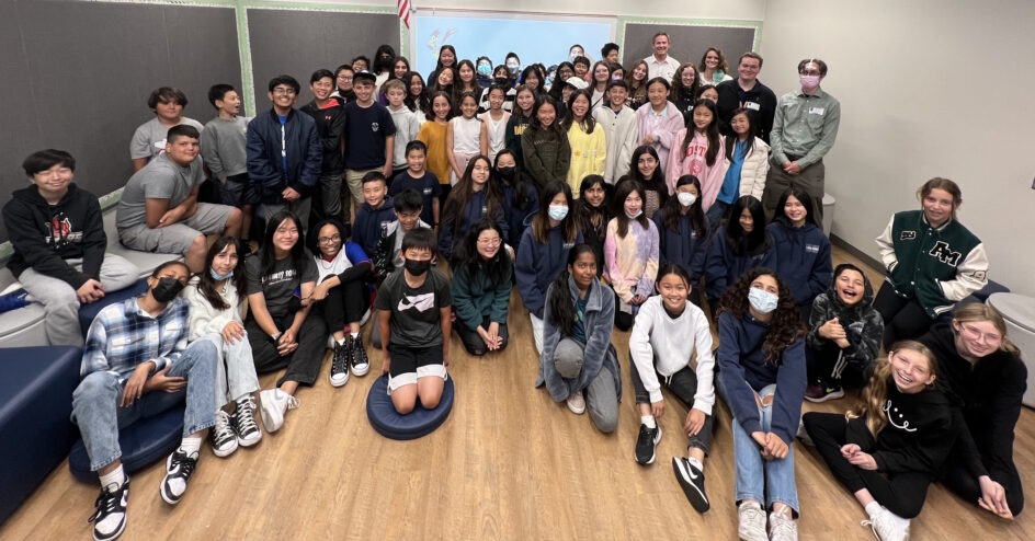 Professor Stacy Branham and graduate students Isabela Figueira and Cameron Cassidy with students at Loma Ridge Elementary School.