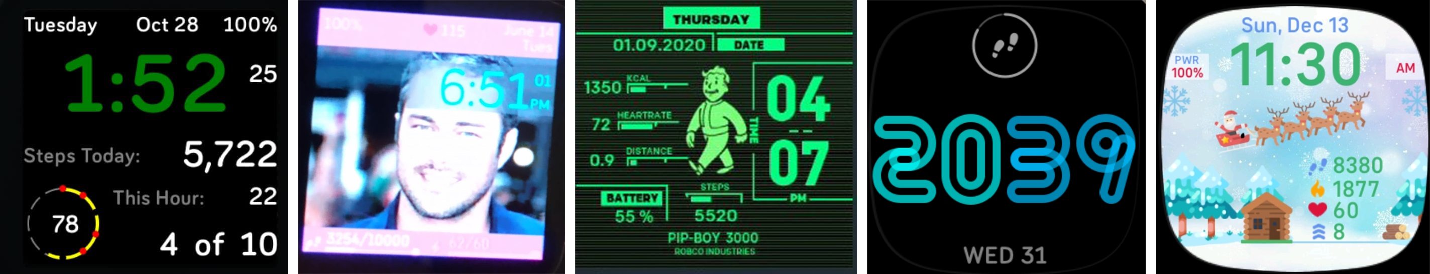 Five different watch faces with activity data.