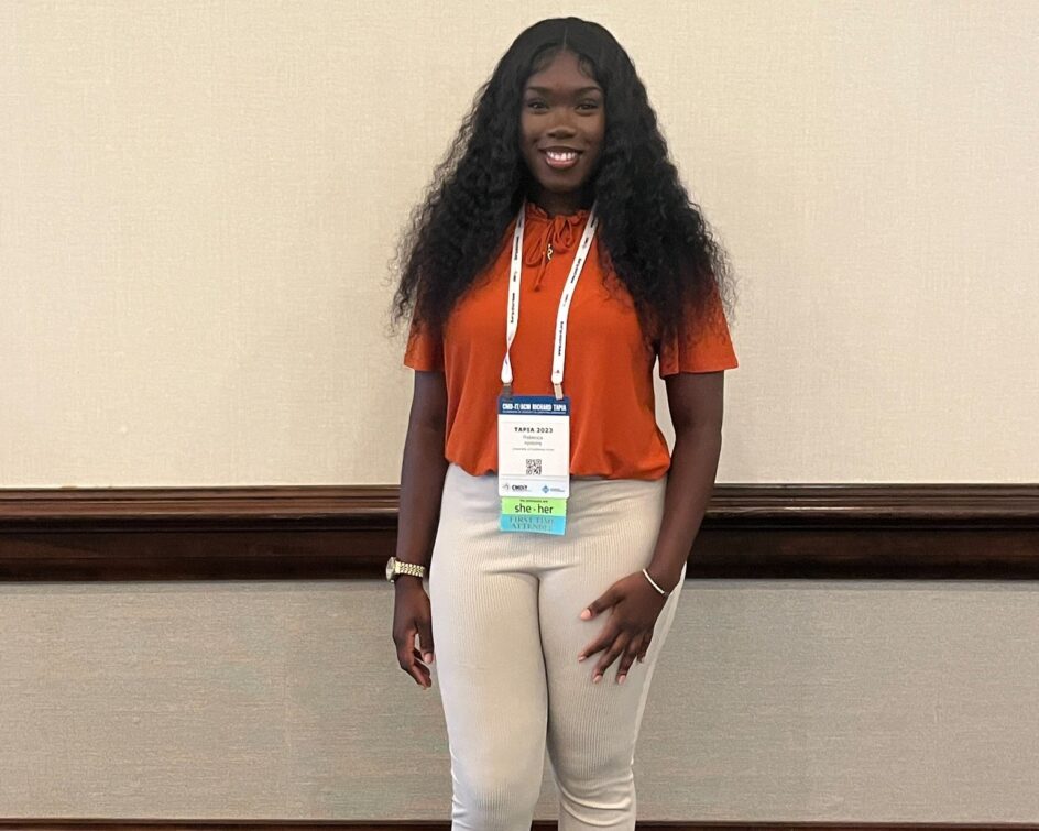 Rebecca Agyapong wearing a name badge that says Tapia 2023.